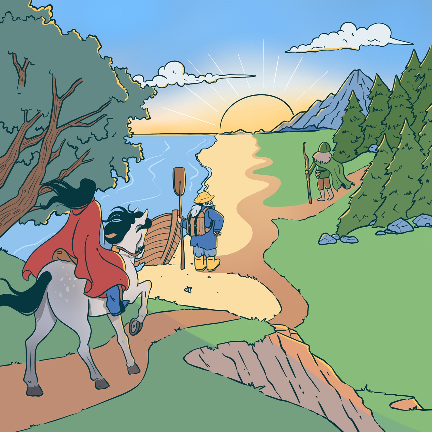 Dessin d'une jeune fille sur un kayak qui part pour la lune.